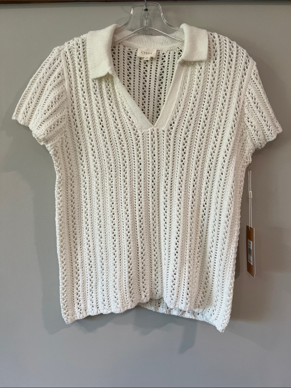 Cyrus - nwt, White Open-Knit Polo V-Neck Sweater